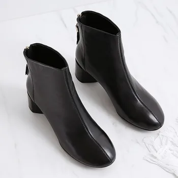 

GPOKHDS 2019 women ankle boots soft Cow leather winter short plush zippers black color square toe high heels boots size 34-40