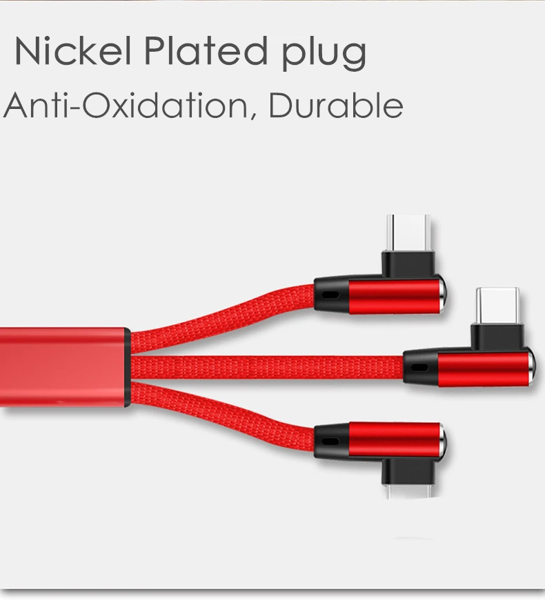 USB кабель 3 в 1 5 в 2.4A Быстрая зарядка 90 градусов двойной тип C кабель зарядного устройства микро-usb тип L изгиб нейлоновый шнур для iPhone кабель