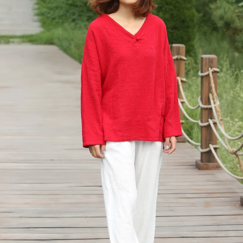 

V-neck Long sleeve Cotton Solid Women Blouse Shirt Plus size Brand Design Summer Blouse Shirts Loose Casual Tee Tops C077