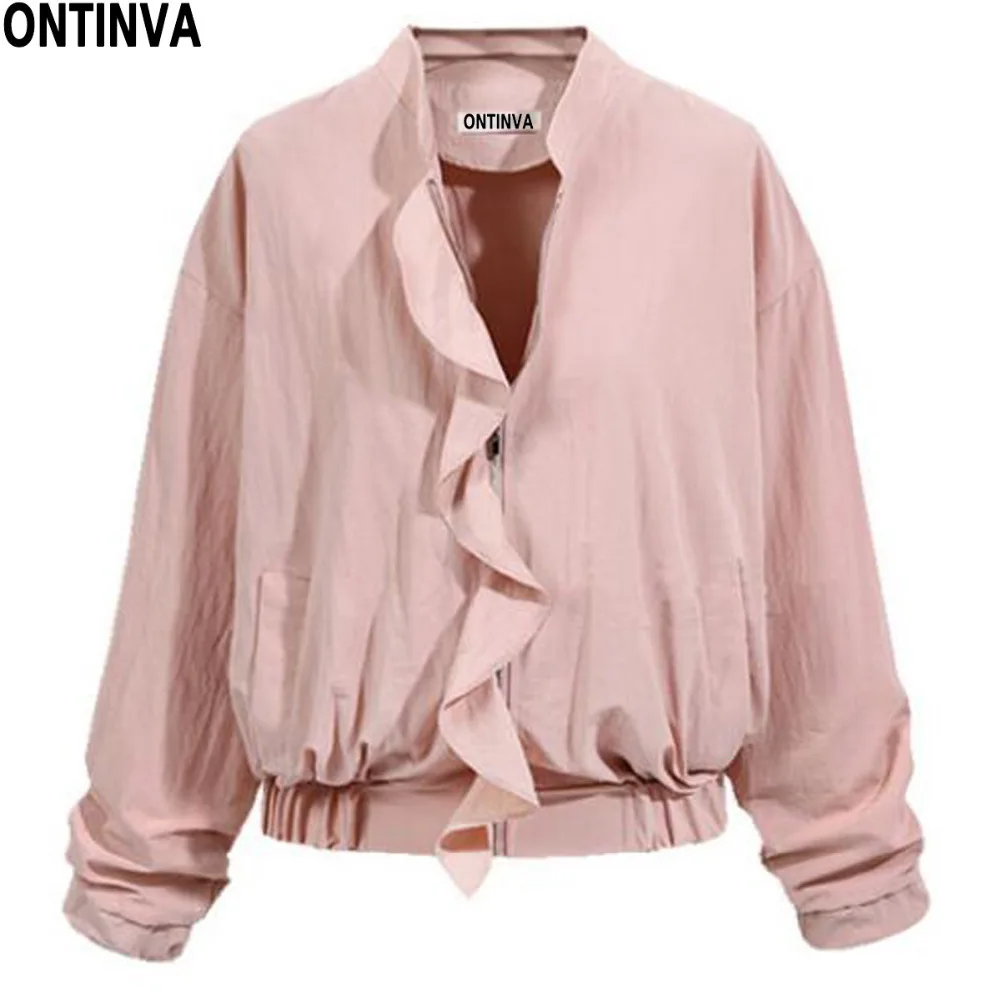 Pink Ruffles Women Waist Jacket with Pockets Plus size 3XL Casual Cute
