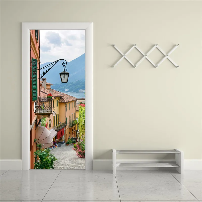 

3D Creative Door Stickers Italian Como Lake Town Street Wall Stickers for Renovation Wooden Door Bedroom Living Room Decoration