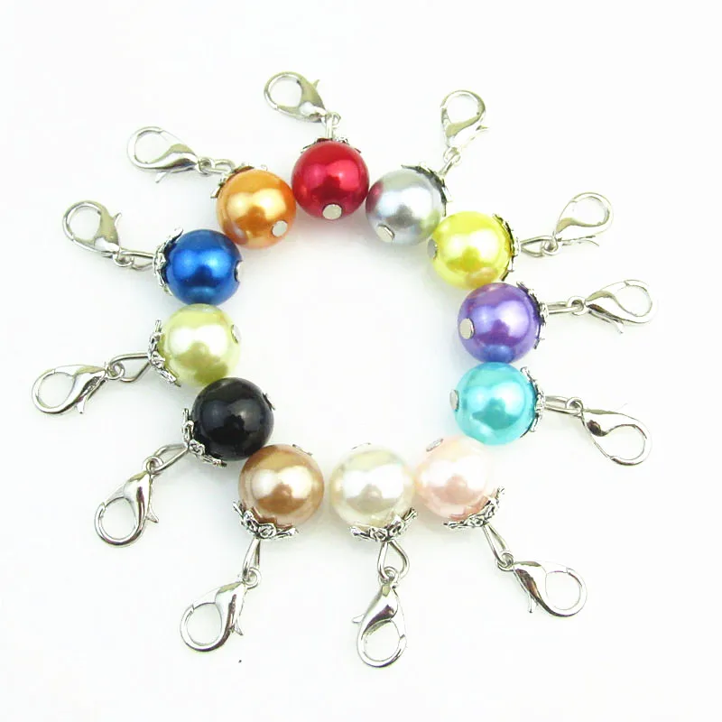 

Hot selling Hand-made 12pcs color pearl Dangle charm For DIY alloy lobster clasp dangle charm fit DIY Fashion Jewelry
