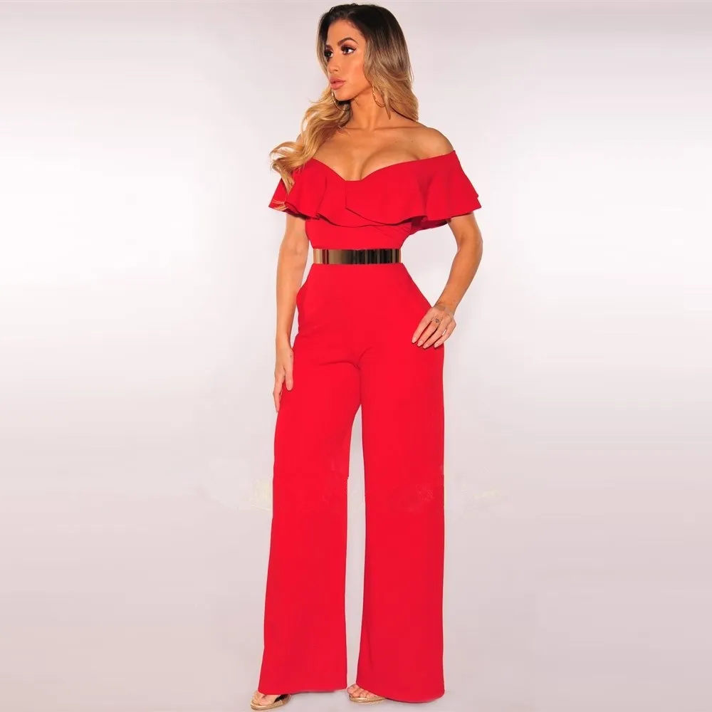 

Ruffle Elegant Summer Jumpsuit Women Belt Sexy Off Shoulder Jumpsuit Overalls Loose Streetwear Wide Leg Pants Jumpsuits