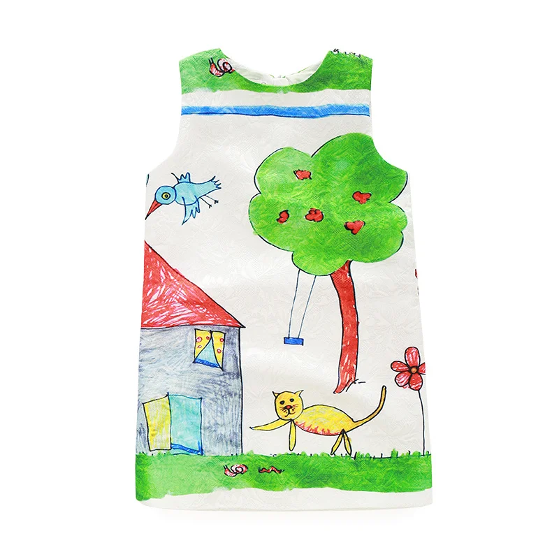 Kimocat/платье с рисунком кота из мультфильма летнее платье принцессы для девочек платье без рукавов с круглым вырезом и принтом животных, птиц, деревьев