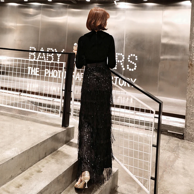 weiyin Black Velvet Evening Dresses Long Mermaid V-Neck Formal Dress Sequined Abendkleider Women robe de soiree longue WY1260
