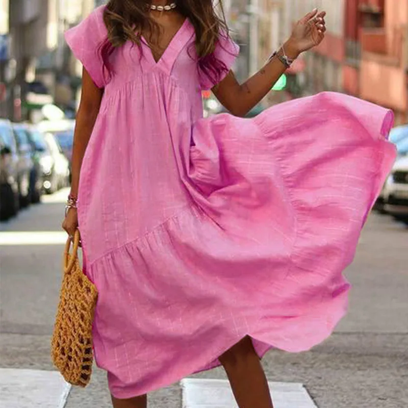 

Plus Size V-neck Solid Ruffle Women Dresses Short Sleeve Female Long Dress 2019 Summer Streetwear Loose Feminino Beach Sundress