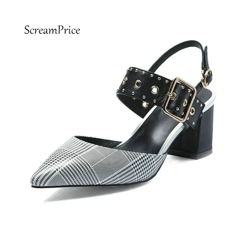 

Women Genuine Leather Buckle Strap Comfortable Square Heel Sandals Fashion Pointed Toe Rivet Party Shoes Black
