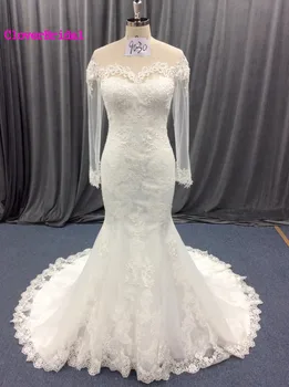 

CloverBridal high quality ilusion espalda encaje mangas largas carinovestidos de novia sirena 2017