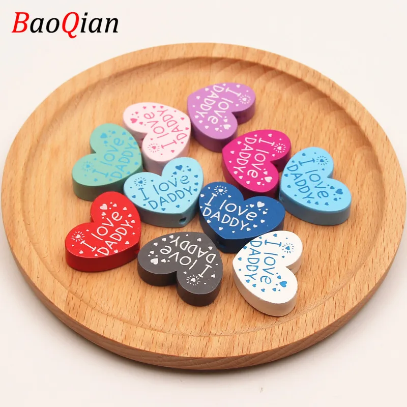

Handmade I Love DADDY Wooden Beads 10Pcs/Lot Heart Shape Spacer Beads For jewelry Making DIY Pacifier clip Toys 23*29mm