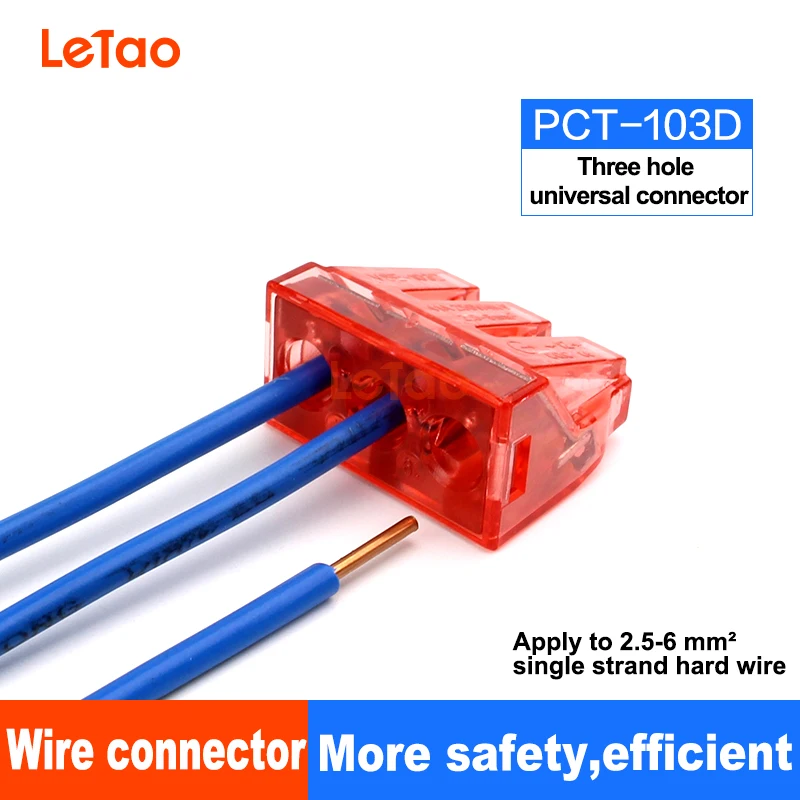 

PCT-103D Universal Compact Wire lighting Connector Terminal Block 3 pin Conductor With 2.5-6mm2 single strand hard wire