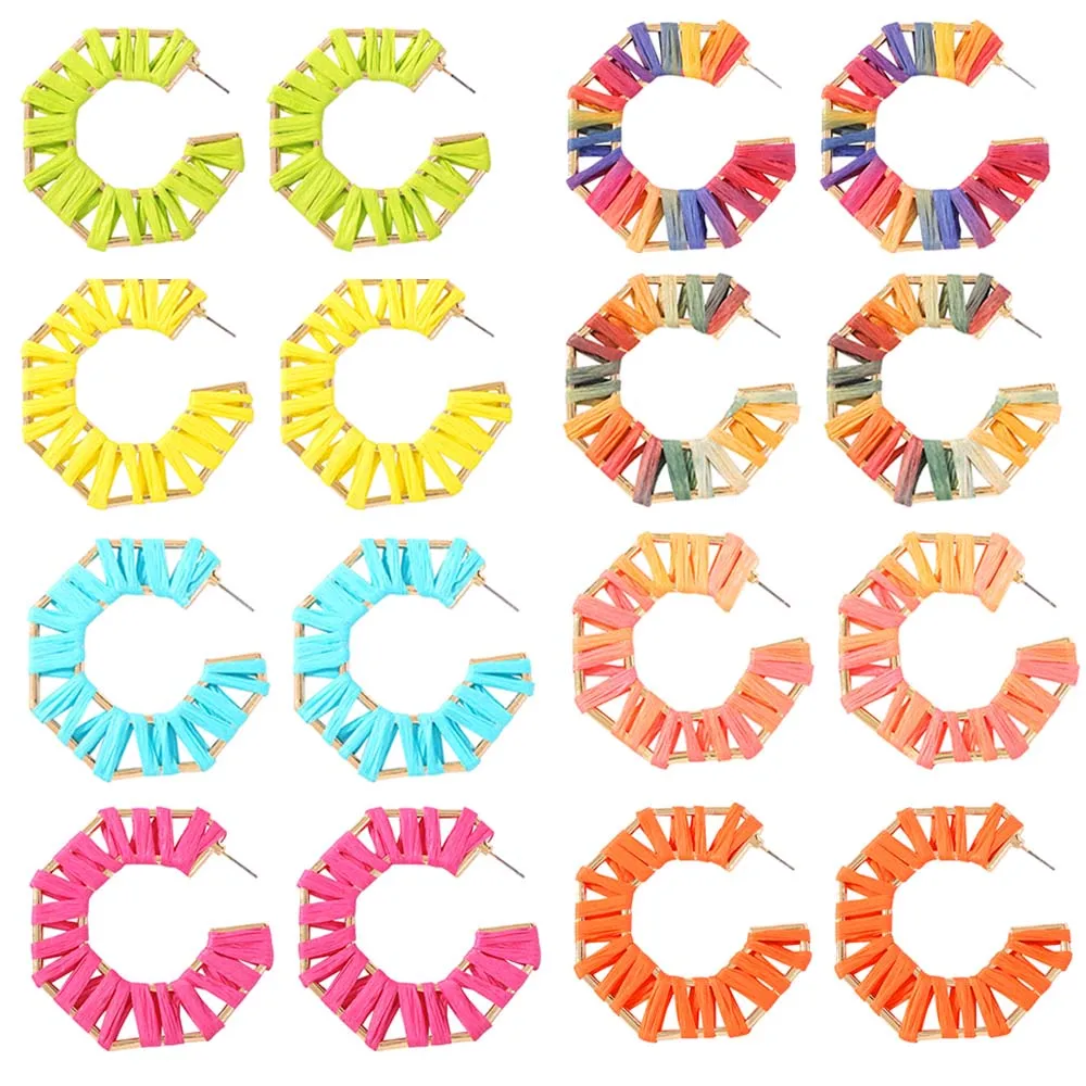 

Raffia Hoops Earrings Women Neon Green Large Earring Statement Bohemian Fashion Jewelry Geometric Rainbow Yellow Blue C MC005