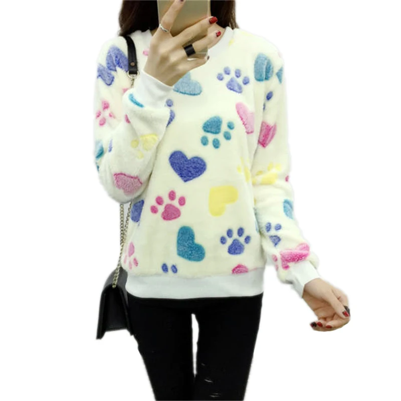  Women's sweater casual O-neck long-sleeved print Fleece warm sweater 2018 fashion sweet and self-cu
