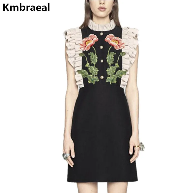 

New Runway Women Vintage Flowers Embroidery Ruffles Designer Vest Dress Summer Ladies Sexy Sleeveless Party Tank 2018 Dresses