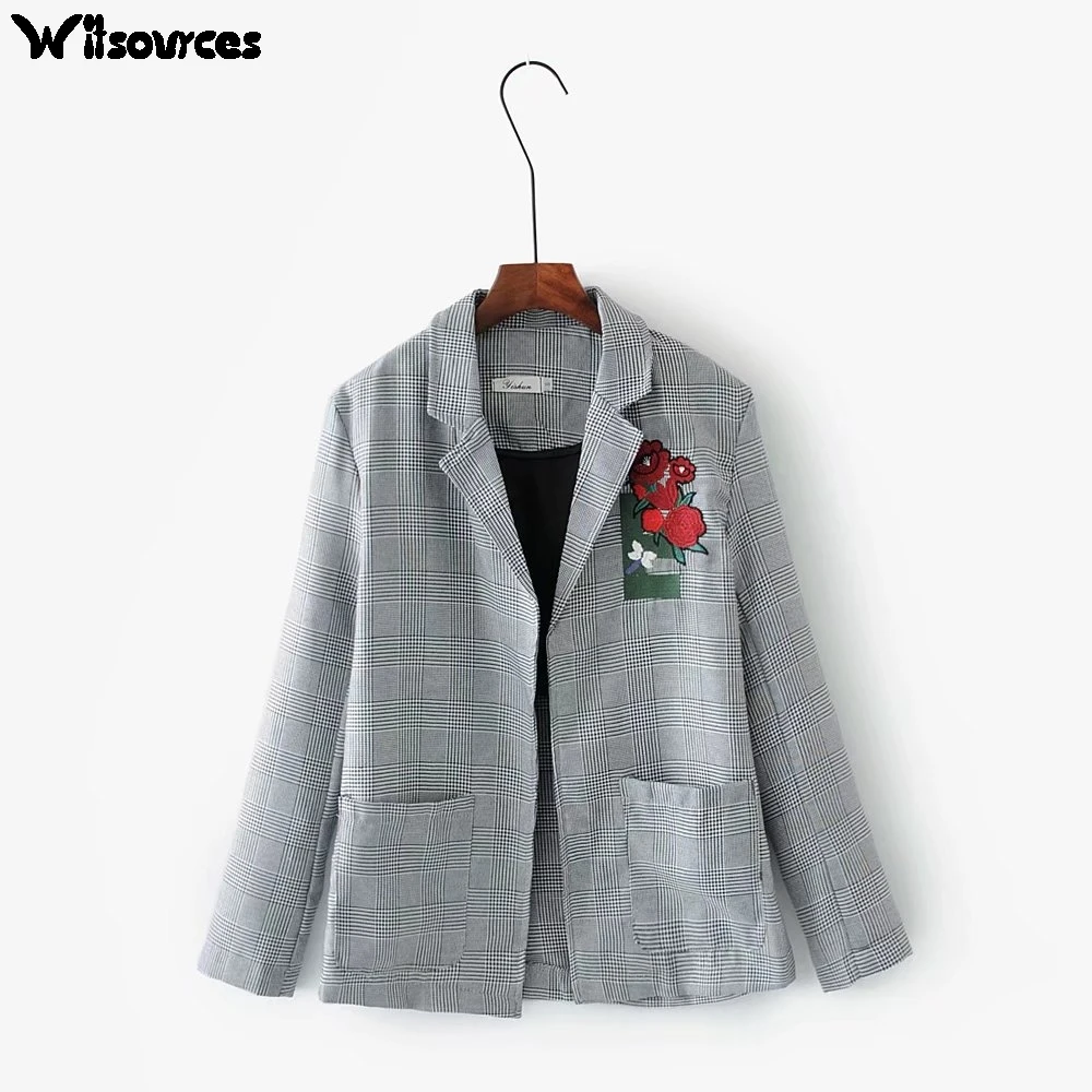 Witsources Embroidery Plaid Blazer Women 2017 New Flower Embroidered
