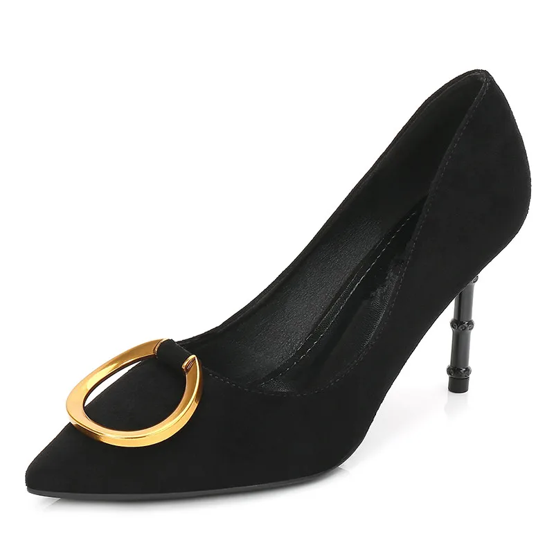 

Luxury Design Elegant Ladies Flock Pumps Women Sexy Pointed Toe Thin Heels Metal Circles Buckles Bridal Dress Shoes MS-B0010