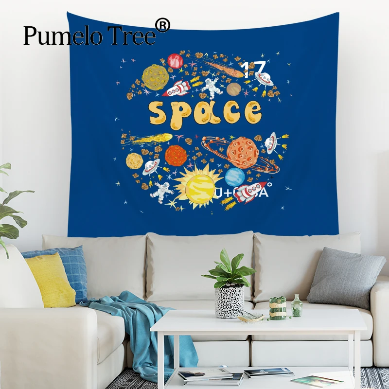 

Cartoon Astronaut Tapestries Planet Psychedelic Wall Hanging Space Tapestry Panorama Decoration Galaxy Bedspreads Painting