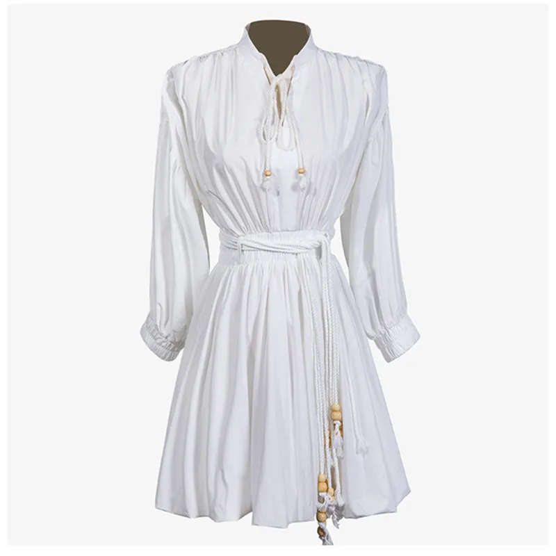 

Luxury Designer Brand Dress for Women Lantern Sleeve V Neck Pleated Beaded Strap Dress White
