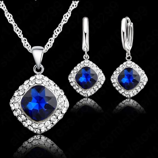 Высокое качество 925 пробы серебряный комплект ювелирных изделий короткая цепочка Шарм квадратный кулон ожерелье Серьги Кристалл для женщин - Окраска металла: blue