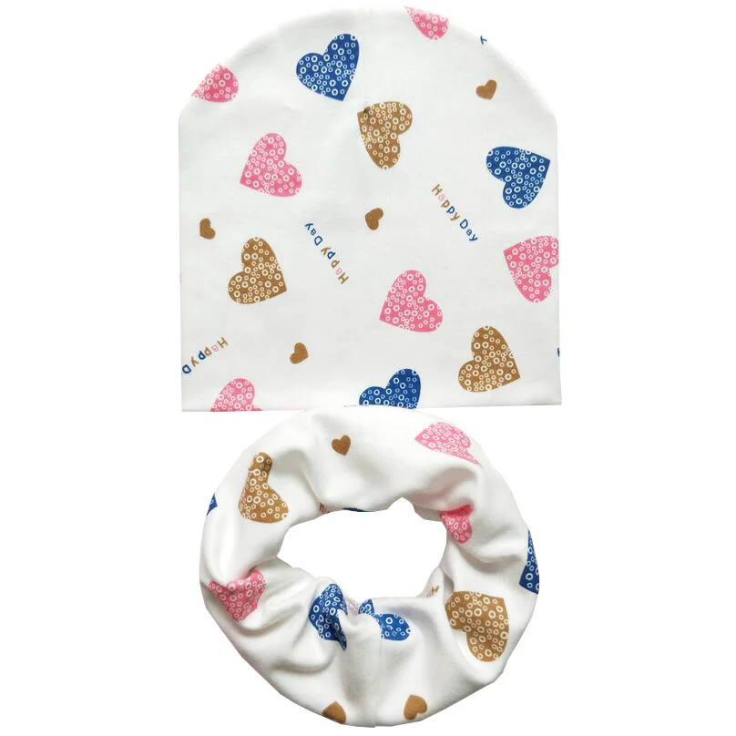 Новые осенне-зимние хлопковые детские шапочки, комплект для маленьких девочек, шарф, кольцо для мальчиков, шейный платок, детская шапочка, шапка, шарф, детская шапка Skullies - Цвет: Happy love set