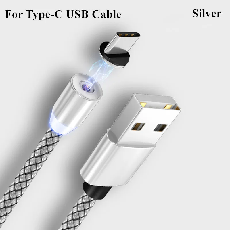 Светодиодный магнитный usb-кабель для зарядки кабеля USB type C Магнитный зарядный кабель для передачи данных Micro usb кабель для samsung Xiaomi huawei USB шнур - Цвет: Silver For Type-C