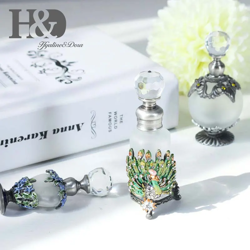 H & D خمر الزجاج العطور زجاجة w/بيوتر الطاووس تمثال المثمن شكل مجوهرات متجمد 25 ملليلتر المعطرة العطر حاوية