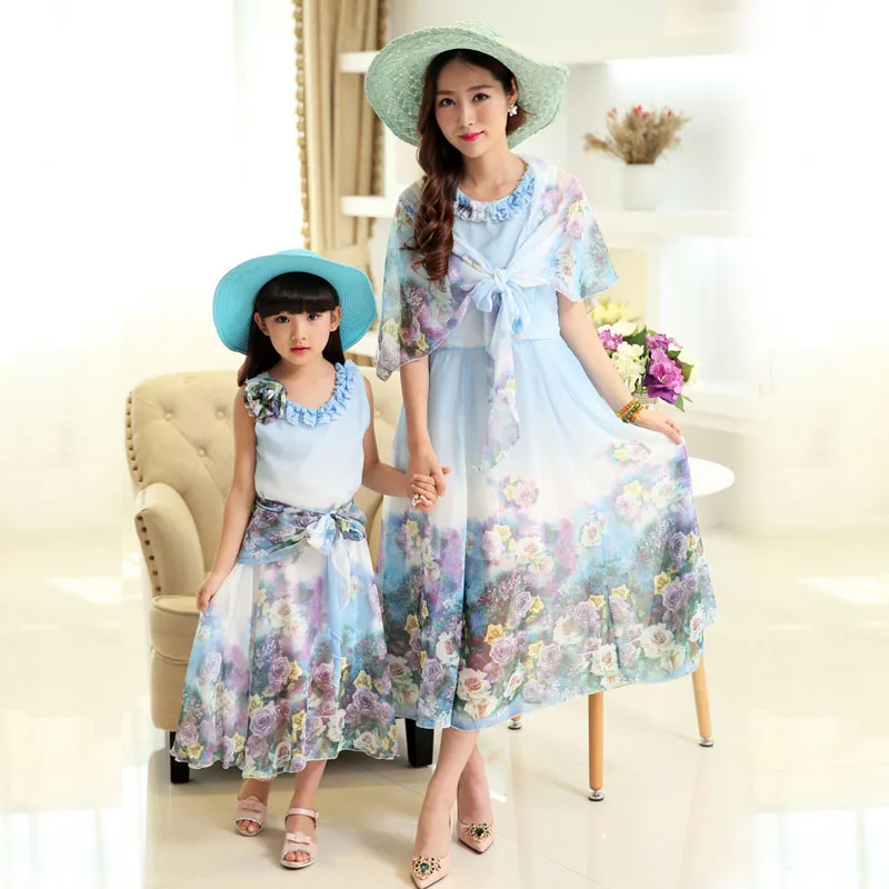 

2019 New arrival Summer Colorful Floral Family fitted Mother and Daughter Dress Bohemia Style Sleeveless Long dress