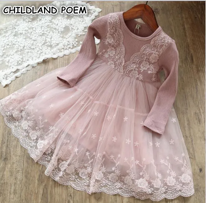 Платье для девочек коллекция года, весеннее детское платье принцессы с длинными рукавами для девочек, хлопковые кружевные вечерние платья для девочек Пасхальная одежда для детей - Цвет: Розовый
