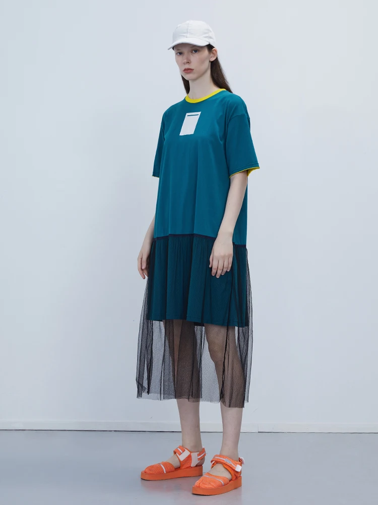 

IRINAY158 2019 ss collection casual short sleeve tulle bottom long t shirt dress women