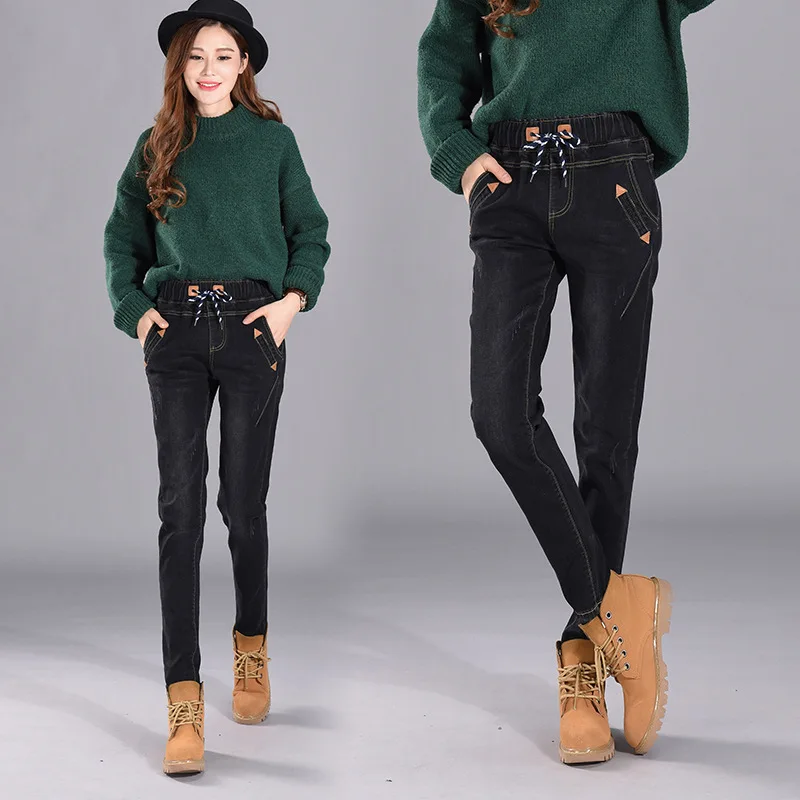 Women Jeans Warm Big Size 5XL Winter Fleece befree Trousers Female High Waisted Elastic Velvet Thickening Loose mom Jeans
