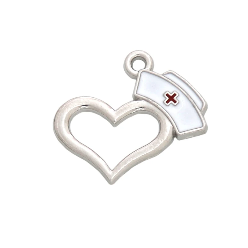 50pcs/lot Alloy Heart Medical RN Hat Dangle Charms Enamel Nurse Cap