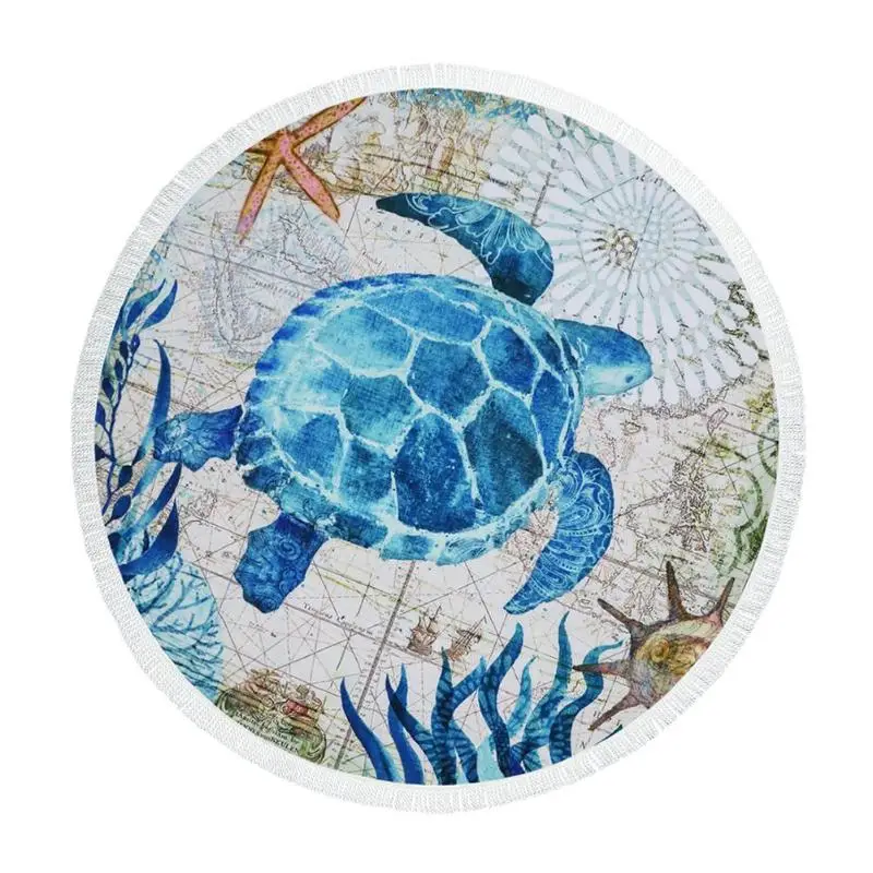 857 24 De Réduction2018 Serviette De Plage Ronde Avec Glands Mode Bain De Soleil Bleu Tortue Motif Cercle Serviette Coussin Châle Pique Nique