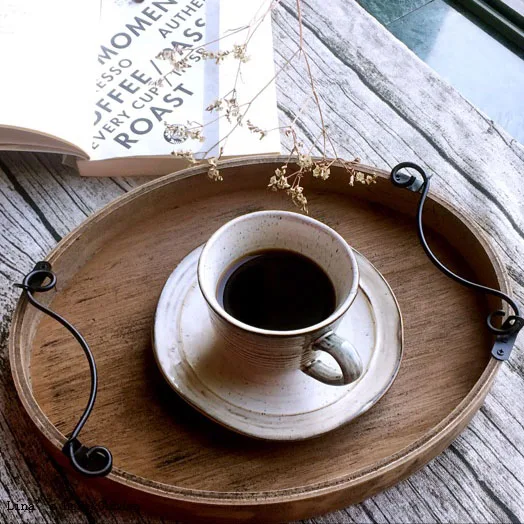 

Handcrafted Shabby Aged Finish Oval Wood Serving Tray with Scrolled Metal Handles