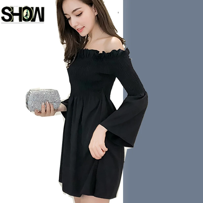 

Cute Mini Off Shoulder Dresses Japan Style Women Fashion Autumn Design Slim A Line Ladies Sexy Party Tunic Little Black Dress