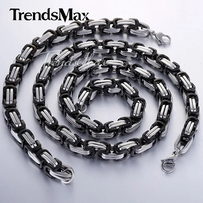 Trendsmax 8mm Mens Byzantine Box Black Gold Silver Tone Stainless Steel Necklace Bracelet Chain Set Length DIY Jewelry KS03