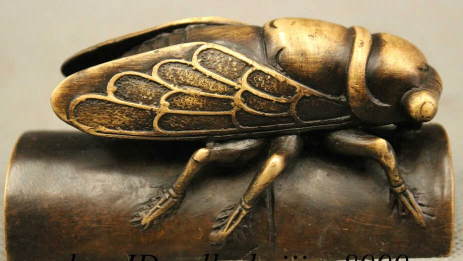 

JP S0114 FengShui Chinese Pure Bronze Wealth Fly Cicada Cigala Statue On Bamboo Sculpture B0403