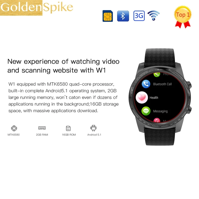 

W1 PK I4 I6 I8 Smart Watch Android 5.1 OS MTK6580 Quad Core 1.3GHz 2GB 16GB Smartwatch Support Google Play Store Map 3G GPS Wifi
