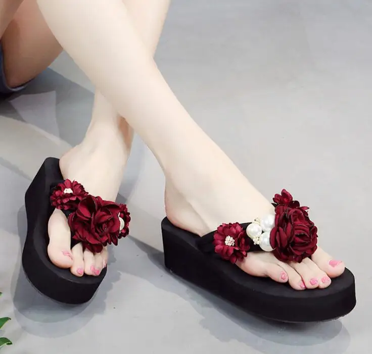 Летняя женская обувь босоножки на танкетке Туфли на танкетке туфли ручной работы с цветочным принтом жемчуг со стразами шлепанцы на толстой подошве пляжные сандалии C0178