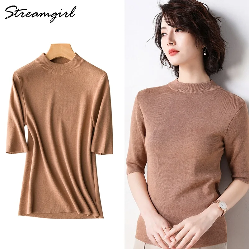 

Jumper Women Summer Pullover Knitted Blouse Sweaters Half Sleeve Jumpers Ladies Tutleneck Jumper Woman Pull Femme 2019 Sweater