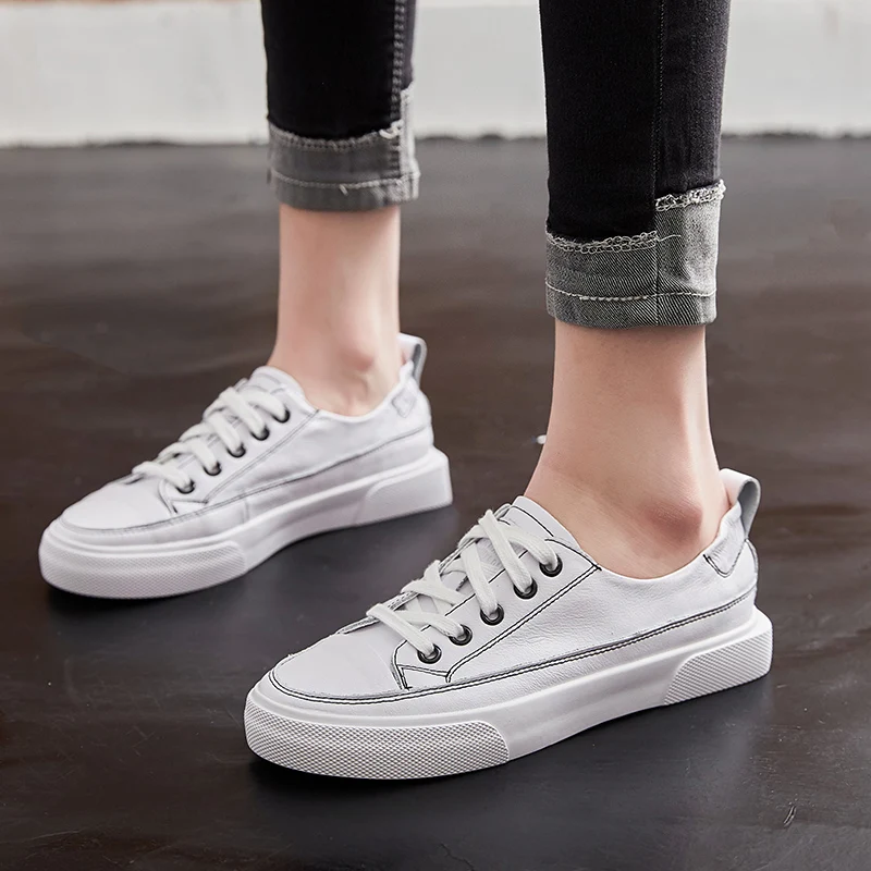 

Dropshipping New Breathable Leather Women Sneakers Fashion Female White Casual Flats Spring Summer Lace Up Women Shoes