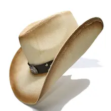 LUCKYLIANJI Ретро бежевые летние модные женские мужские широкие поля, из соломы, пляжные ковбойские шляпа ковбойская якорь кожаный ремешок 58 см