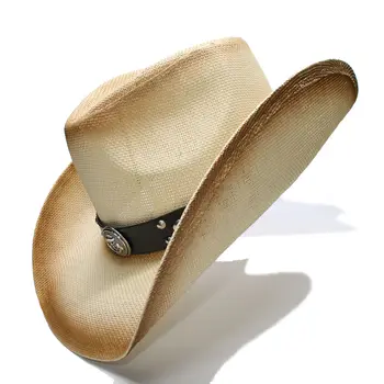 

LUCKYLIANJI Retro Beige Summer Fashion Women Men's Wide Brim Straw Beach Cowboy Cowgirl Western Hat Anchor Leather Band 58cm