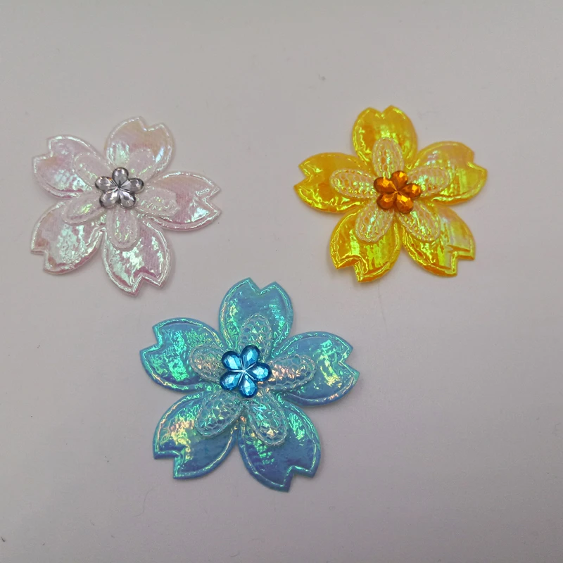 

50pcs/lot 4cm Shiny two layer flower with rhinestone center padded appliques for DIY children Hair Accessories
