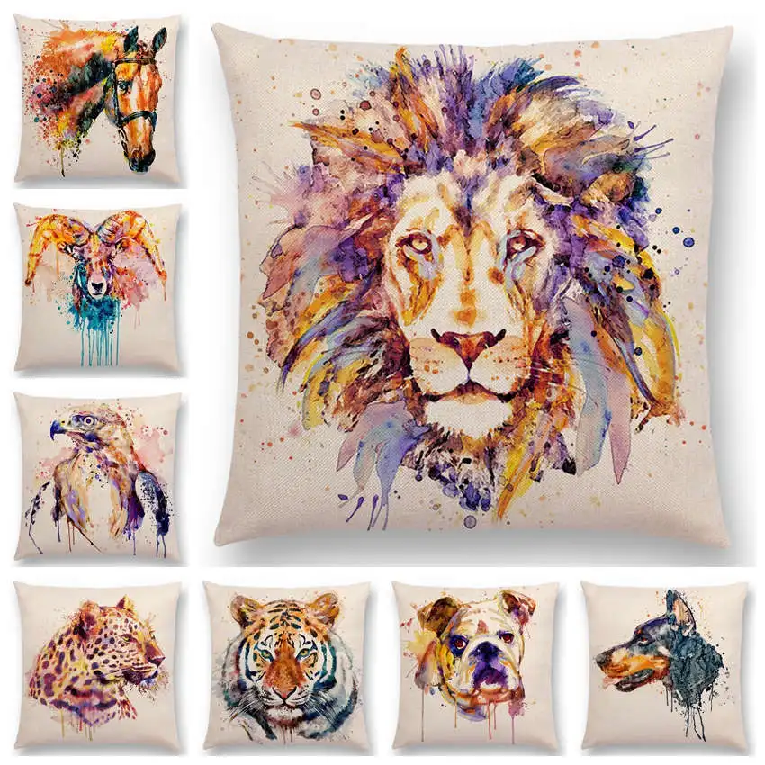 

Watercolor Animals Cushion Cover Portrait Head Bighorn Lion Leopard Tiger Bear Eagle Horse Dogs Home Sofa Throw Pillow Case