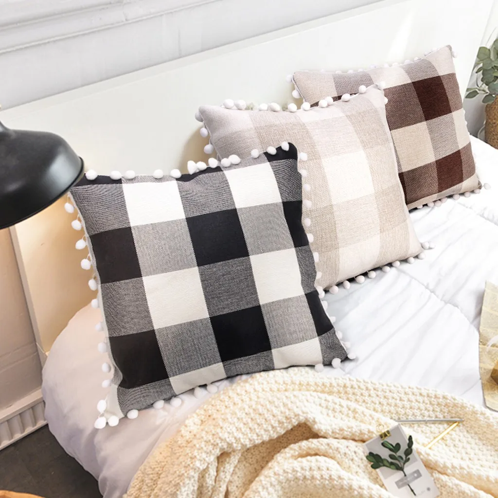 

Simple Fashion Fringed Plaid Print Polyester Cotton Pillow Cases Cafe Sofa Cushion Cover Home Hug Pillowcase 45X45CM May 14