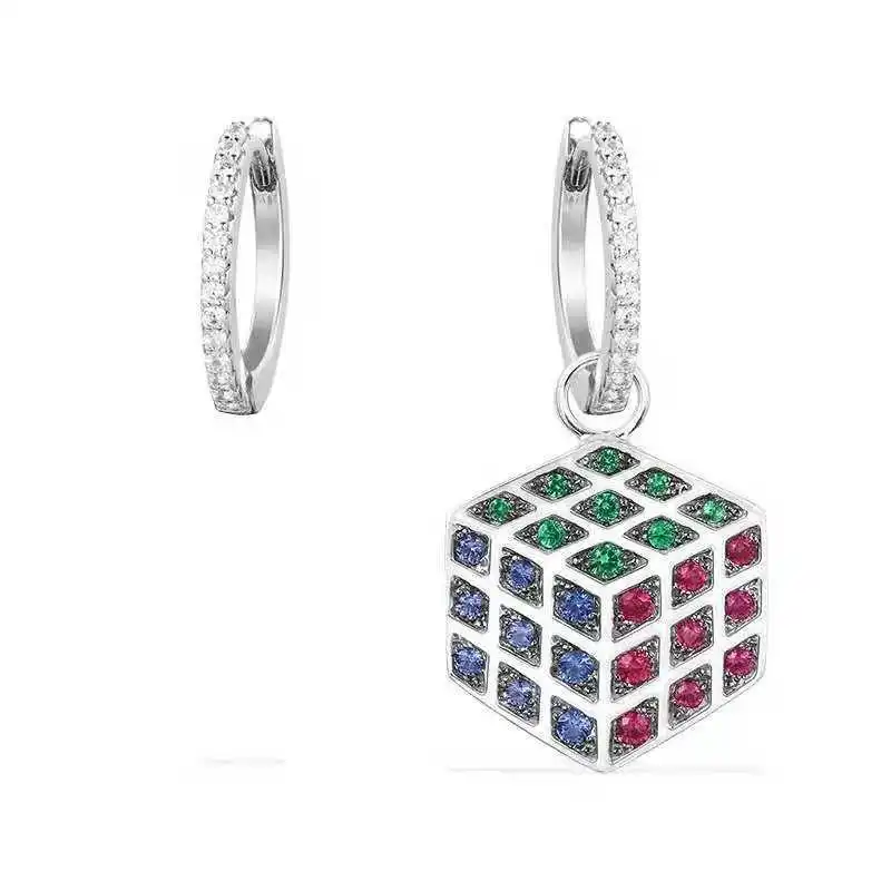 

925 Sterling Silver Multicolor Magic Cube Earrings Blue Green Red Zircon colorful CZ square earrings Asymmetric Women Jewelry