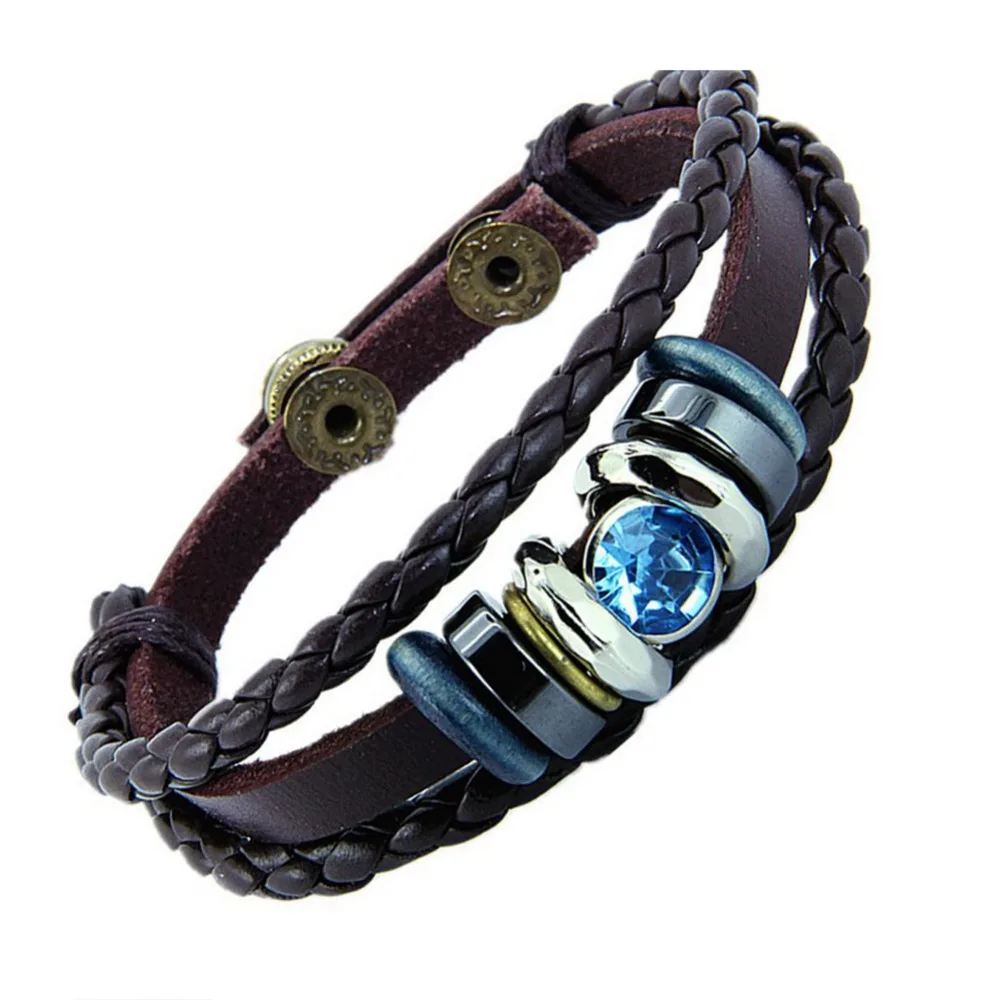 

National Braided Leather Bracelet Lovers Bracelets Color Blue Pink Stone BL0007
