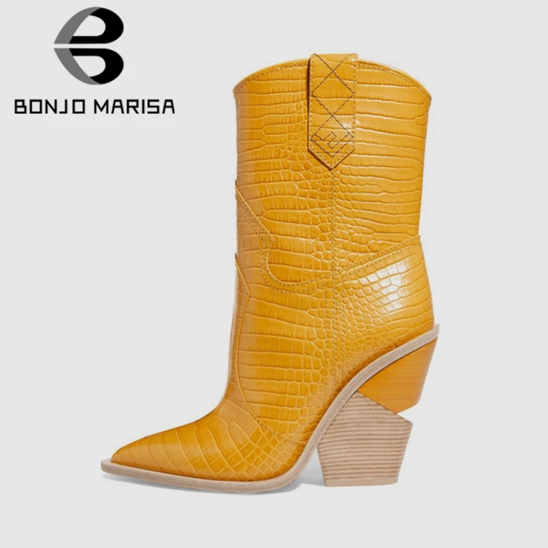 

BONJOMARISA Spring Brand Luxury Runway Women Mid-Calf Boots Ladies Plus Size 34-48 Microfiber Fashion High Heels Shoes Woman
