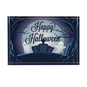 

Bed and Bathroom Carpet Kitchen Mats Happy Halloween Decor, Cartoon Ghost on Tombstone in Forest Bath Rugs, Non-Slip Doormat