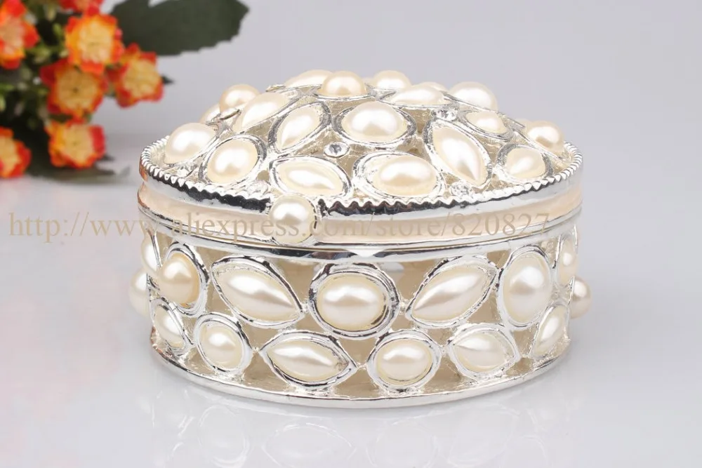 Oval Pewter Jewelry Box with Pearl  Studded Keepsake Storage Box Pearls Trinket Jewelry Box Elegant Ring Treasure Box