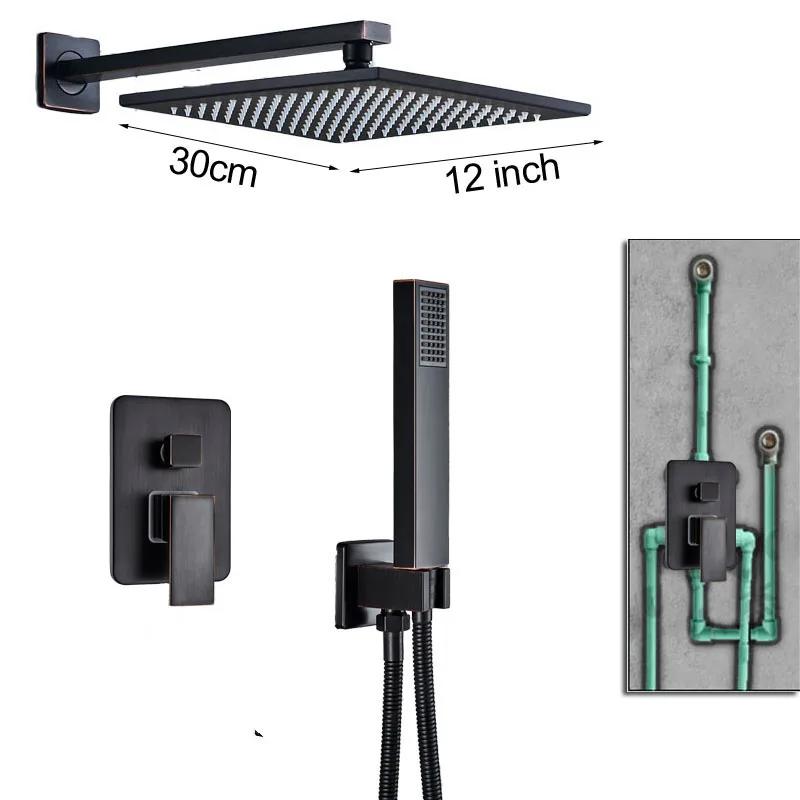 Скрытый черный Ванная комната душевой кран латунный 2-полосным смесительный клапан смесители для душа с ручным душем 8/10/12/1" дождевая Насадки для душа - Цвет: 12 inch 2-ways